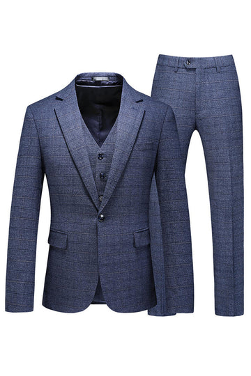 Homens Azul Escuro Plaid Notched Lapela 3 Peças Prom Suits